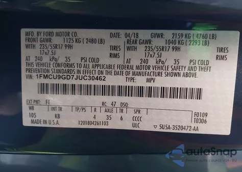 2018 Ford Escape Se z USA, uszkodzony, nr VIN 1FMCU9GD7JUC30462